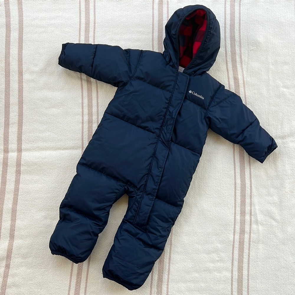 Columbia Navy One-Piece Infant Snowsuit with Red Plaid Hood